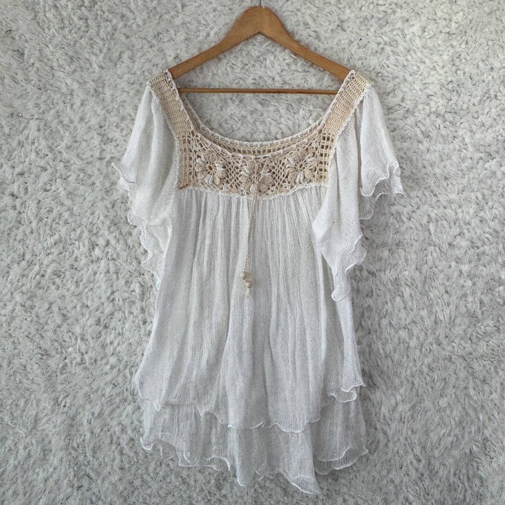 Cuba White Crochet Lace Tiered Peasant Blouse OS Boho Cottagecore Fairy Top